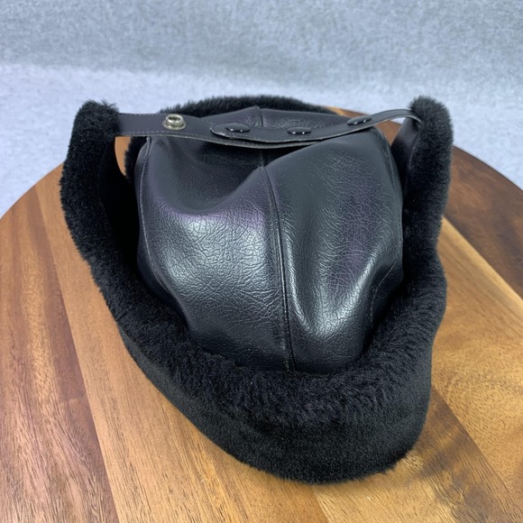 VTG Ushanka Hat Trapper Men XL Black Faux Fur Faux Leather Vinyl Russia Ear Flap - Picture 1 of 11